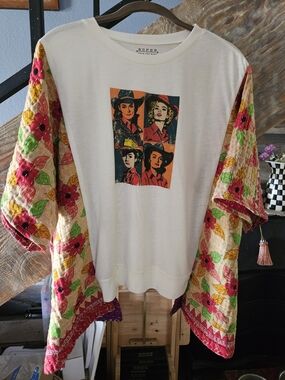 Cowgirl Tee with Kantha Floral Sleeves